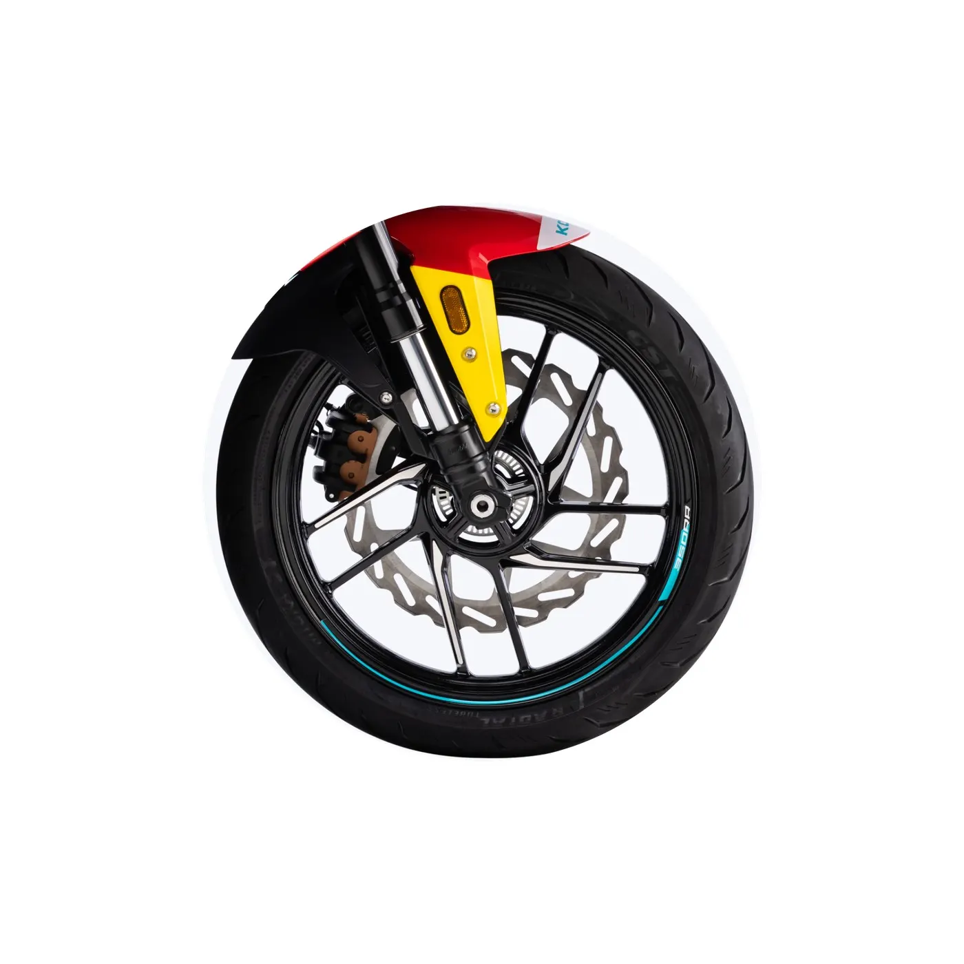 Rueda delantera de la Kove 350RR con disco de 320 mm y pinza TAISKO