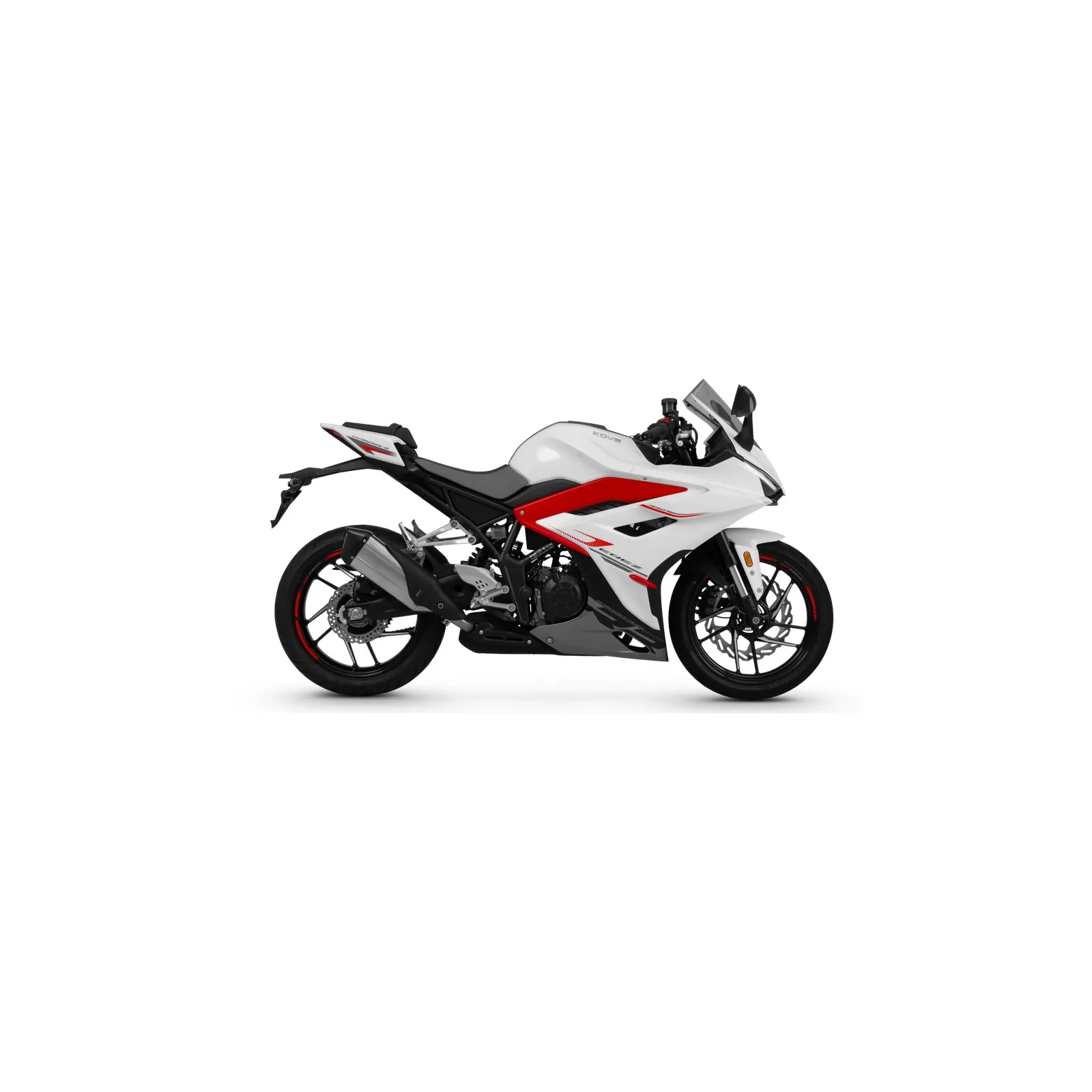 Kove 350RR blanca de perfil con el asiento a 790 mm del suelo